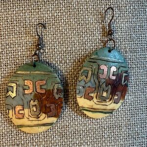 Hand painted patterned natural metallic Artistic Multicolor Dangle Earrings